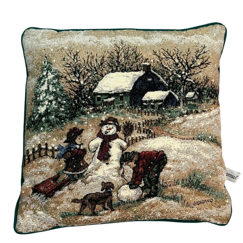 Riverdale Giordano Tapestry Pillow Christmas Winter Building Snowman Scene Vtg